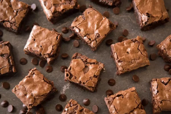 gri zemin üzerinde damla çikolatalalarla süslenmiş dilim brownie parçaları