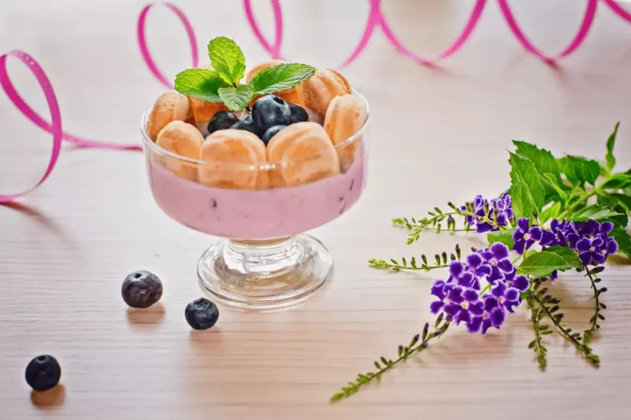 yaban mersinleri ve kedi dili ile yapılmış cup tatlı